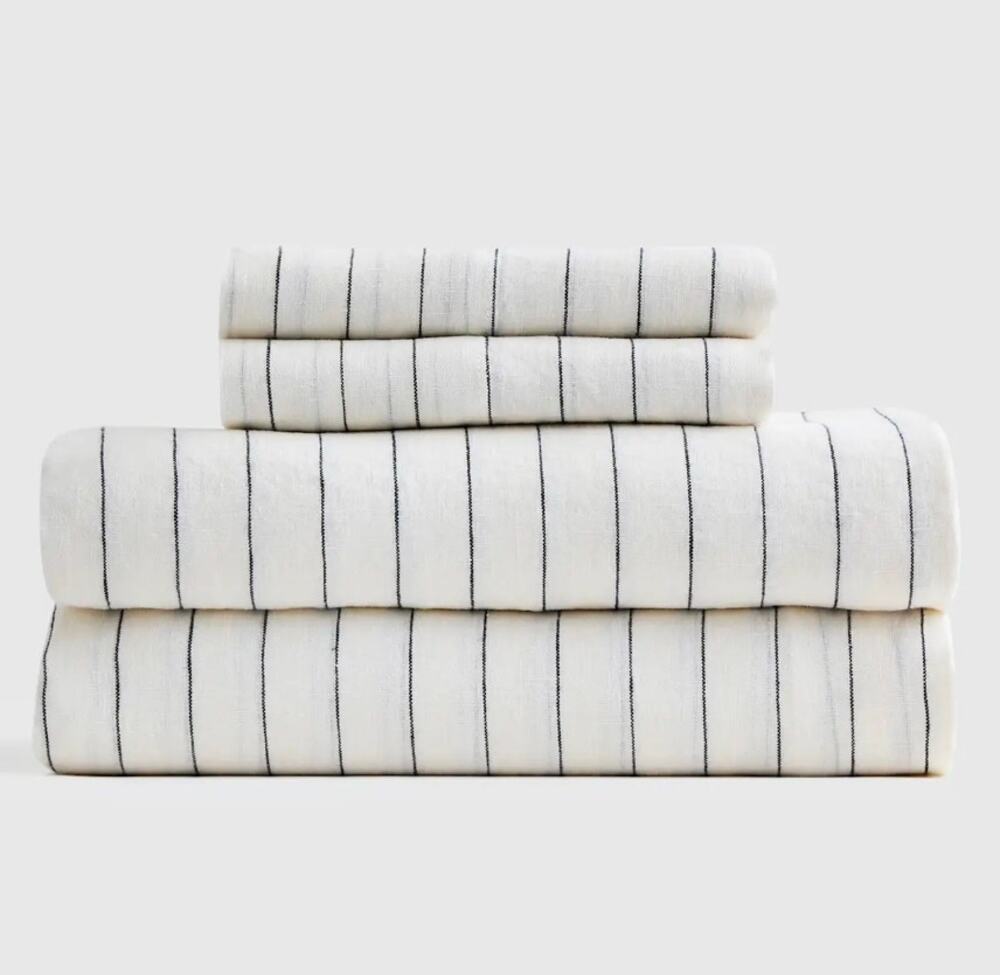 NWOT Quince 100% European Flax Linen 4pc Sheet Set King Pinstripe $204 MSRP